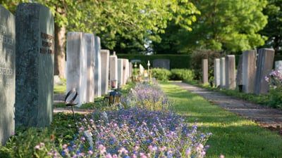 Reihengräber mit Blumenschmuck.