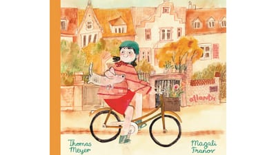 Frau auf einem Fahrrad mit Rhinozeros in Stadtlandschaft Illustration.