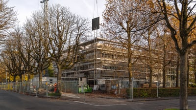 Baustelle mit Kran und Gebäude hinter Bäumen.