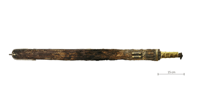 Frühmittelalterliches Langschwert mit vergoldetem Holzgriff und Massstab 15cm