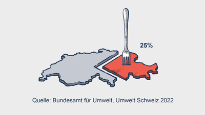 Grafische Darstellung der Schweiz mit einer Gabel in einem rot gefärbten Bereich, der 25% ausmacht, Quelle