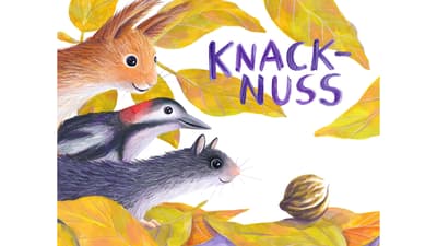 Illustration von Tieren und Walnuss mit Blättern, Text