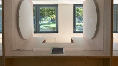 Moderner Raum mit grosser Holzschreibtischplatte, Akustikpanels und Fenstern.