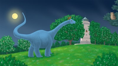 Illustration eines blauen Dinosauriers mit Wasserturm bei Vollmondnacht.