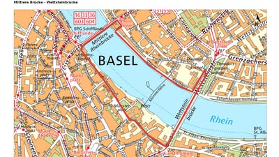 Stadtplan von Basel, Mittlere Brücke bis Wettsteinbrücke, Rhein Fluss sichtbar.