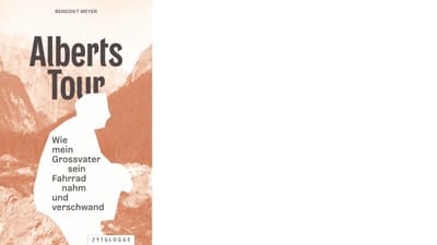 Buchcover mit Silhouette eines Radfahrers und Bergen im Hintergrund.