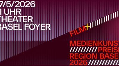 Poster für Medienkunst Preis Basel 2026 im Theater Basel Foyer.