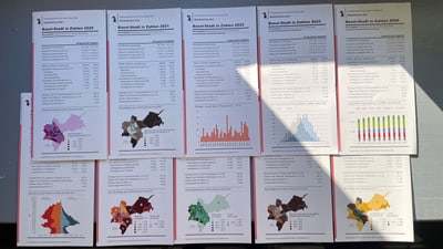 Bisherige Ausgaben des Faltblatts Basel Stadt in Zahlen.