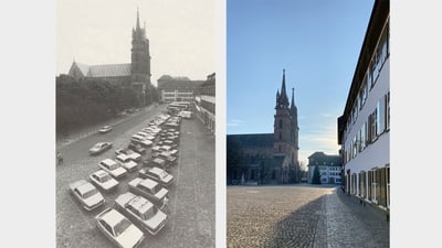 Vergleich der alten und neuen Ansicht eines Platzes mit geparkten Autos und einer Kirche im Hintergrund.