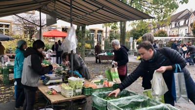 Menschen kaufen auf einem Bauernmarkt unter einem Baldachin ein.