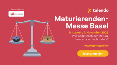 Grafik mit Waage, Bücher auf einer Seite, Laptop auf der anderen, Text zur Maturierenden-Messe Basel.