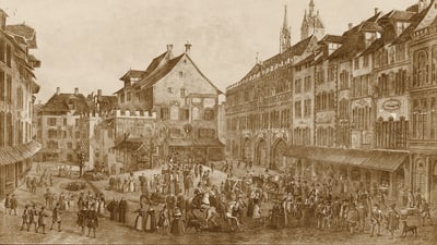 Historische Stadtansicht des Marktplatzes Basel mit Menschen auf dem Platz.