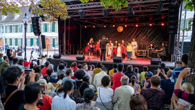 Publikum bei einem Konzert im Freien mit Bühnenauftritt bei Nacht.