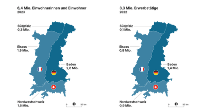 Karte der Region Oberrhein mit Bevölkerungs- und Erwerbstätigenzahlen 2022-2023.