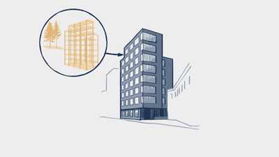 Illustration eines Hochhauses mit einem Detailfenster, das auf Holzstrukturen zeigt.