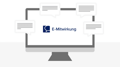 Illustration eines Bildschirms mit Sprechblasen und dem Schriftzug E-Mitwirkung
