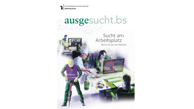 Poster über Sucht am Arbeitsplatz mit Personen am Computer.",