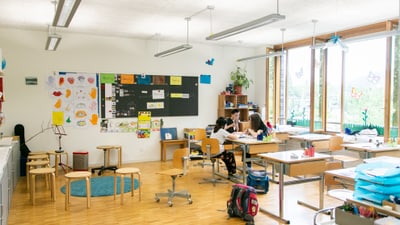 Klassenzimmer mit Schülern und Lehrer beim Unterricht.