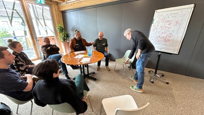 Personen in einem Meeting, eine steht vor einem Flipchart.