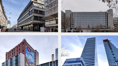 Vier moderne Gebäude in der Stadt Basel.