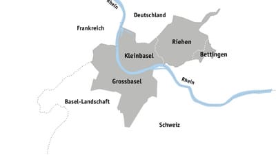 Karte von Basel mit Rhein und Umgebung.