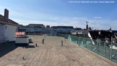 Umbau Utengasse 36, Stand März 2024, Dach Westseite, Blick nach Süden zu blauem Haus