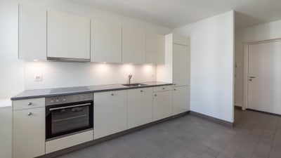 minimalistische Küche mit Schränken und Ofen