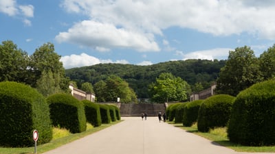 Aufgehender Weg in den Friedhof am Hörnli mit Topiary-Hecken und bewaldeten Hügeln im Hintergrund.