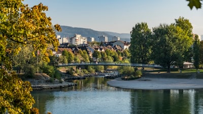 Fluss mit Brücke und Uferbäumen vor Stadtsilhouette.