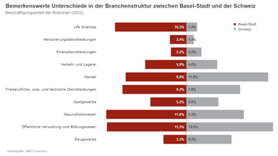 Balkendiagramm, welches den Branchenanteil an der Gesamtbeschäftigung für die Schweiz und für den Kanton Basel-Stadt im Jahr 2022 abbildet. Wir fassen die Kernaussage der Grafik im Fliesstext zusammen.