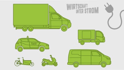 Illustration von verschiedenen grünen Fahrzeugen, Aufschrift 'Wirtschaft unter Strom'.