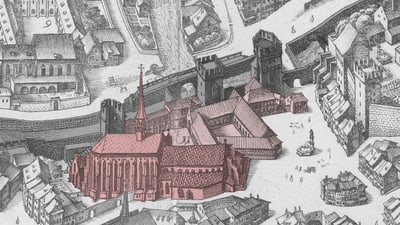 Historische Stadtkarte mit hervorgehobenem roten Gebäudeensemble.