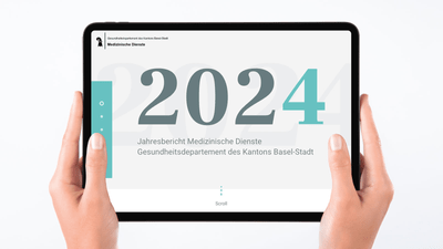 Tablet mit Jahresbericht 2024 der Medizinischen Dienste Basel-Stadt.