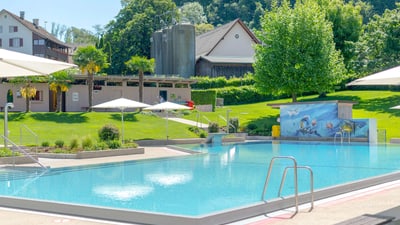 Schwimmbad im Freien mit Grünflächen und Gebäuden im Hintergrund.