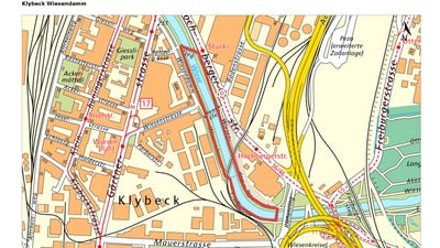 Karte von Klybeck Wiesenrhein mit Strassen und Strukturen.