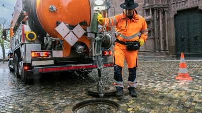 Arbeiter reinigt Gully mit Reinigungsfahrzeug auf Kopfsteinpflaster.