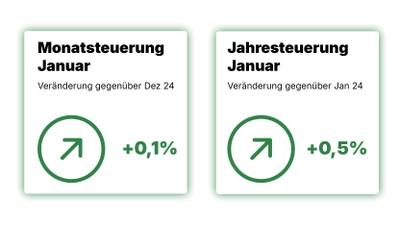 Im Januar 2025 beträgt die Monatsteuerung +0,1% und die Jahresteuerung +0,5%.