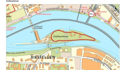 Karte von Kraftwerkinsel, Birsfelden, mit umliegendem Fluss und Strassen.