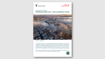 Luftaufnahme von Basel mit Nebel über der Stadt, Bericht-Covertext darunter.