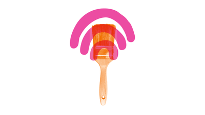 Pinsel mit rosa Funksignal-Symbolen darüber.