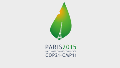 Logo der UN-Klimakonferenz Paris 2015 mit Eiffelturm im Tropfensymbol.