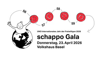 Illustration der schappo Gala am 23. April 2026 in Basel mit schappo Figur auf der Erde und vier hochgeworfenen Hüten.