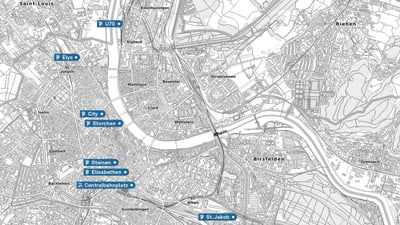 Stadtplan mit Parkplätzen in Basel und Umgebung.",