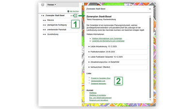 Benutzeroberfläche des Zonennavigationsplans von Basel mit Text und Kategorienamen.