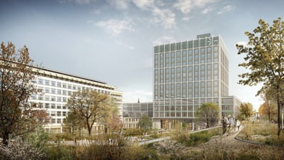 Visualisierung Klinikum 2, Blick vom Spitalgarten auf das neue Hochhaus.