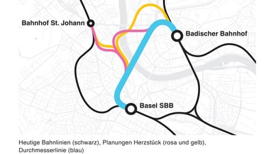 Karte von Basel mit Zuglinien, Herzstück-Planungen und Durchmesserlinie.
