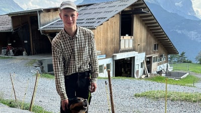 Person in kariertem Hemd steht vor einer Holzhütte mit einem Hund.