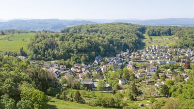 Luftaufnahme eines Dorfes in hügeliger Landschaft mit Wald.",