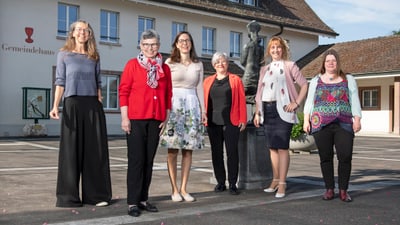 Sechs Frauen posieren vor einem Gebäude bei Sonnenschein.