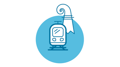 Stilisierte Strassenbahn im blauen Kreis mit Banner.